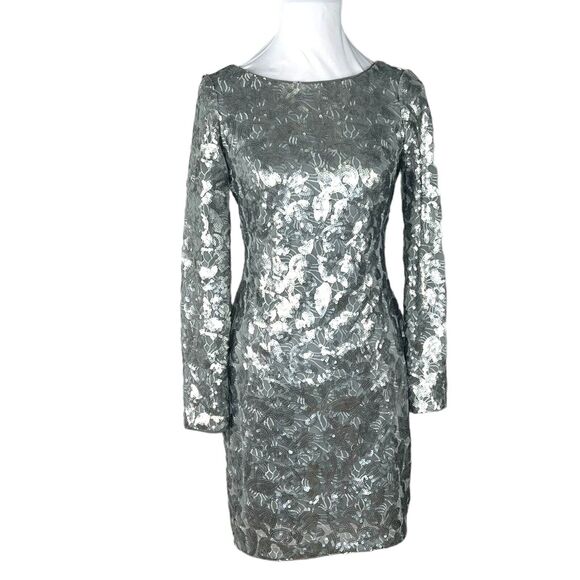 Aidan Mattox Matte Silver All Over Sequin Long Sleeve Mini Sheath Dress 4 - Picture 1 of 9